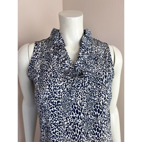 La Mer Luxe Ruffle Neck Top Sleeveless Leopard Printed Blue White Stretch XS - Picture 6 of 11